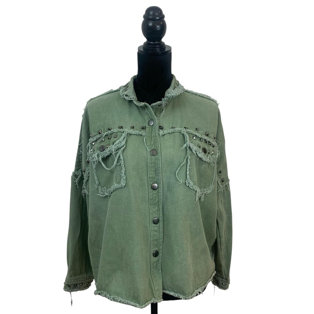 Sage Green‎ Women's L Studded Grunge Distressed Denim Jacket Punk Rocker